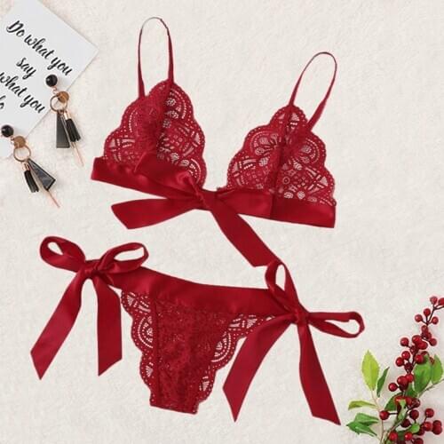 Lace Lingerie Set Hot Erotic Women Sexy Bra Set Sleeveless V Neck Ribbons Intimates Sexy Underwear Scallop Bralette Panties Sets