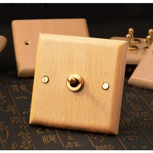 Home Improvement 86 Type Wall Light Toggle Switch 2 Way Simple Style Beech Wood Panel Brass Lever Switch Socket