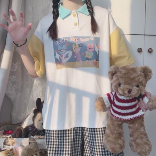 Summer Japanese Color matching Casual T-shirt Teen Girls Student Short-sleeved Loose Cartoon Print pullover Tops College style