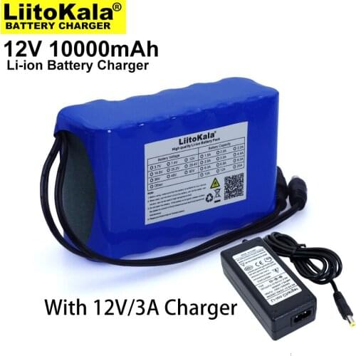 Liitokala 12V 10Ah 18650 li-lon battery pack 10000mAh with BMS Circuit Protection Board DC 5.5*2.1mm+ 12.6V 3A Charger