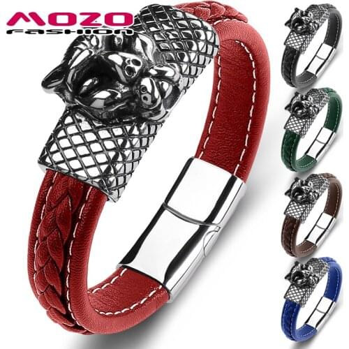 MOZO FASHION 2021 Men Jaguar Bracelet Genuine Leather Stainless Steel Simple High Quality Collocation Punk Cuff Jewelry 152