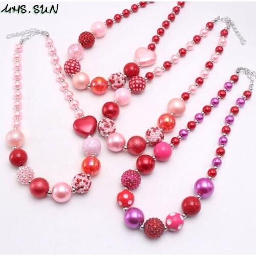 MHS.SUN New kids chunky beaded necklace love heart design fashion girls necklace for baby handmade Valentines Day jewelry 1pc