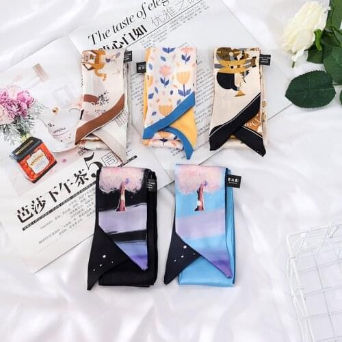 2021 New Summer 126*6 Romantic Scene Neck Band Silk Scarf Ribbon Headband Belt Versatile Scarf Small Thin Scarf For Women