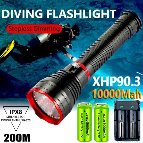 10000Mah Powerful LED Diving Light XHP90 XHP70 XHP50 Stepless Dimming Scuba Dive LED 26650 Dive Fill light Torch With Hand Rope