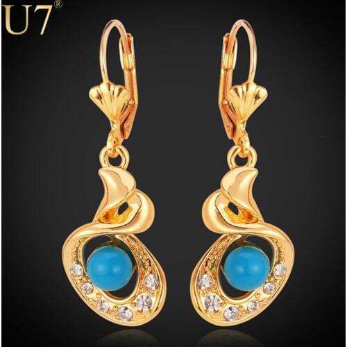 U7 Blue Earrings Trendy Gold Color Rhinestone Unique Fashion Jewelry Wholesale Dropping Earrings For Women E429
