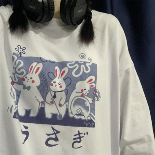 Harajuku Style Autumn Japanese Soft Girl Cartoon Rabbit Print All-match Long-sleeved T-shirt Female Student Loose Cute Top Tees