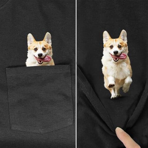 Funny T-Shirt Fashion Pocket Cute Corgi Printed T-shirt Mens for Women Shirts Hip Hop Tops Pet Dog Cotton Tees