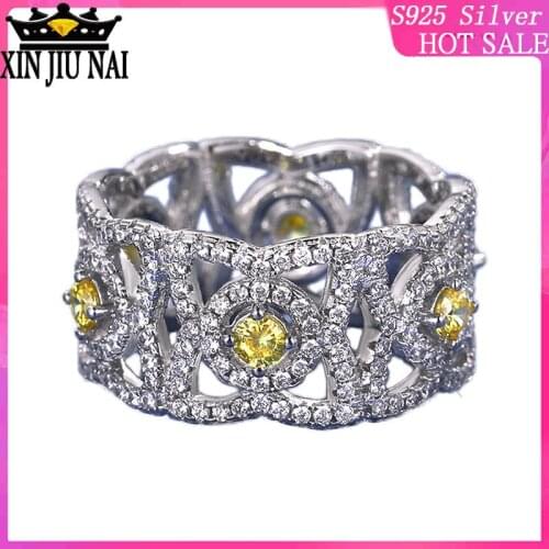 Yellow Zircon Sparkling Flower Rings For Women Wedding Band Zircon Silver Luxury palace style with diamond-studded noble parties