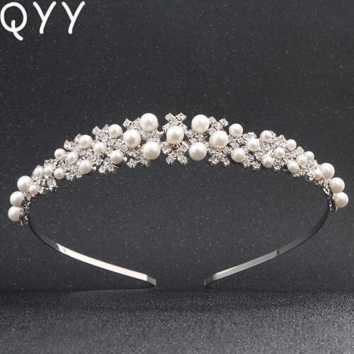 Ivory White Women Queen Princess Diadem Austrian Crystal Stone Pearls Tiaras and Crowns Hair Jewelry Accessories Ornament