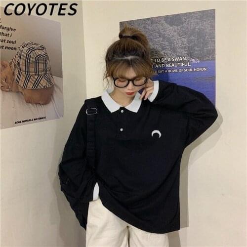 COYOTES Womens T-Shirts Long Sleeve Turn-Down Collar T-Shirt Women Embroidery Harajuku BF Korean Tops Loose Leisure Trendy Chic