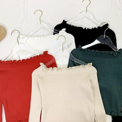 Women Sexy Stretch Ruffle Off Shoulder Slim Knit Sueter Autumn Spring Fashion Solid T Shirt T-Shirt Crop Top Tee Knitted Cropped