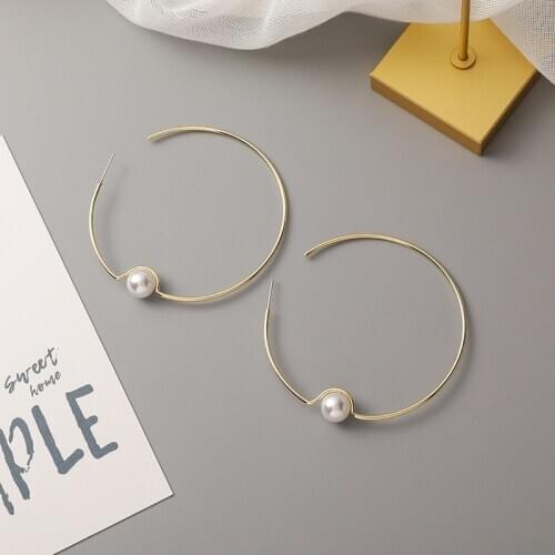 Exaggeration Big Round Circle Open Earrings for Women Gold Color Alloy Large C Shape Geometric Faxu Pearl Open Hoop Earrings