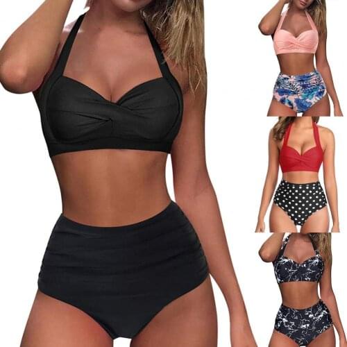 2021 New Sexy Bikini Set Women Push Up Halter High Waist Printing Pleated Front Women Two Piece Swimsuit Bikini Set for Swimming