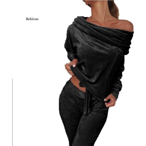 Womens 2 Pieces Set Velvet Ladies Long Sleeve Sweatshirt Drawstring Pants Casual Tracksuit Sets Female Autumn Plus Size