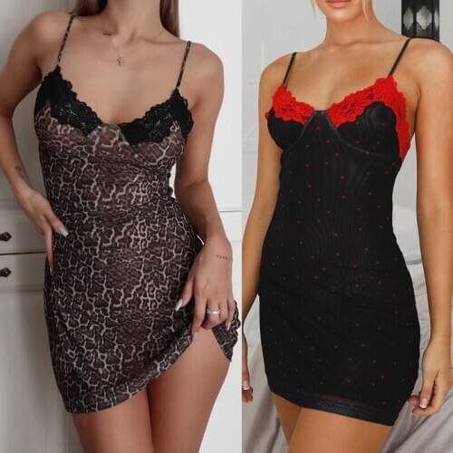 Women Sexy Sling Nightwear Lace Dress Deep V-Neck Mesh Wrapped Leopard / Heart Printed Summer Sleeping Maxi