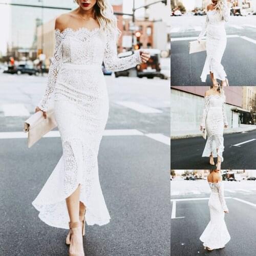 Womens Sexy Floral Lace Long Sleeve Off Shoulder Wedding Bodycon Pencil Maxi Dress