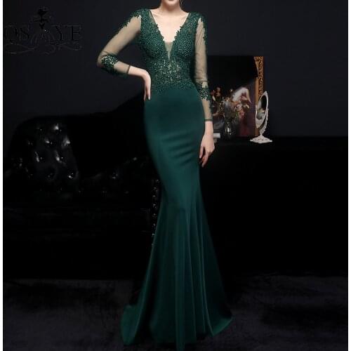 Sequin Emerald Prom Dresses Stretch Mermaid Long Women Gown Appliques Formal Party Dress Long Sleeves V Neck Green Evening Dress