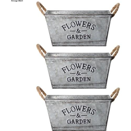 Tin Flower Pot Plant Rectangular Storage Basin Vintage English Garden Tools Barrel 3 Pieces Of Bread Store Vegetable Planting