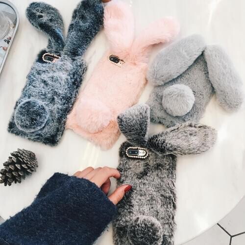 For iPod iTouch 5 & iTouch 6 Case 3D Cute Rabbit Hairy Warm Fur Bling Rhinestone Plush Bunny Cover Phone Case for touch 5 6