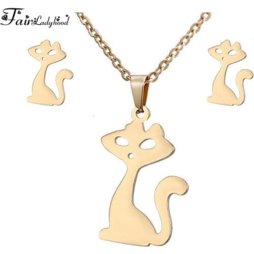 Fairladyhood Cute Cat Sweater Chain Necklace and Cute Cat Earrings Custom Stainless Steel Girls Jewelry Set