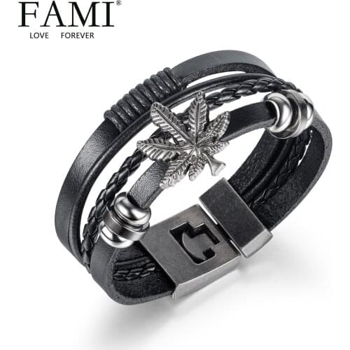 FAMI BANGLES MEN retro multi-layer maple leaf leather bracelet fashion trend leaf Leather Bracelet