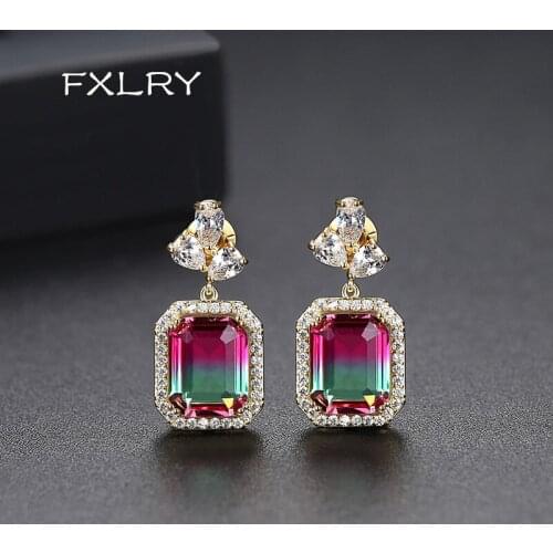 FXLRY Exquisite Dating Shiny AAA Cubic Zirconi Luxury Square-shaped Color Drop Earrings for Women Party Gift