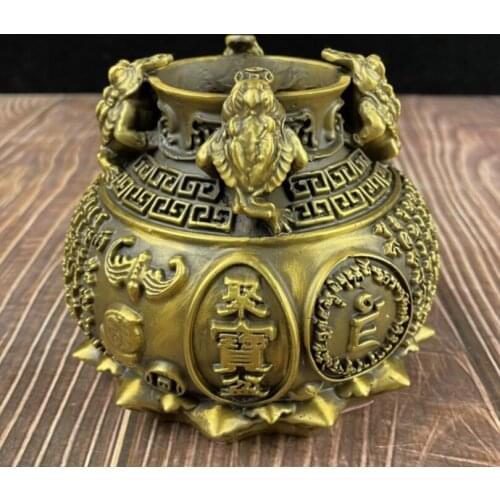 China brass four gold toad treasure bowl crafts statue