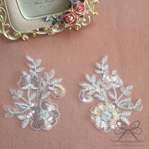 10Pairs Fashion Sparkling Polyester embroidery patch flowers free wedding motifs ivory flower lace applique 28X 13cm LA131