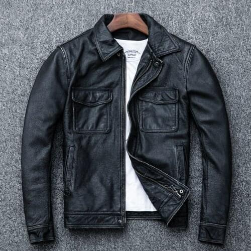 Genuine Cow Men Plus Size Cowhide Leather Coat Short Bomber Jacket Veste Cuir Homme Vintage KJ1913