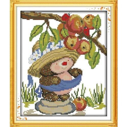 Joy Sunday The Hedgehog Picking Apples Painting Counted or Stamped 11CT 14CT Chinese Cross Stitch Kits Embroidery Needlework Set