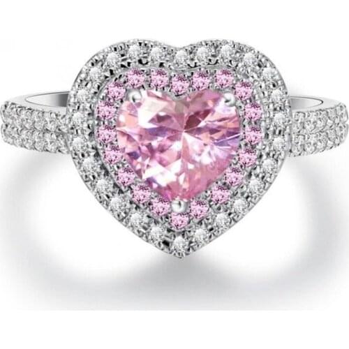 New Style Pink Love Heart-Shaped Ring White Gold Plated Boutique Womens Ring Zircon Full Diamond Ring