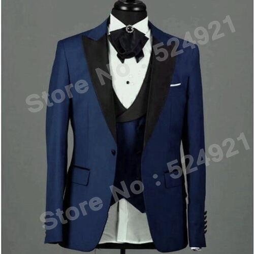Newest Groomsmen Navy Blue Groom Tuxedos Peak Black Lapel Men Suits Wedding Best Man Blazer ( Jacket+Pants+Vest+Tie ) C456