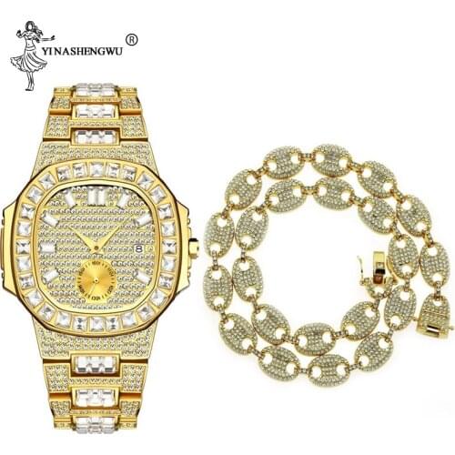 Hip Hop Iced Out CZ Gold Color Coffee Bean Pig Nose Alloy Rhinestone Necklace + Watch Set Charm Link Chain Collares Men Jewelry