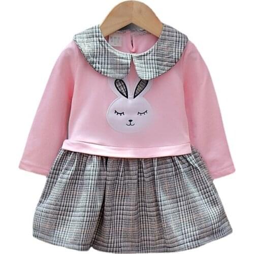 Rabbit Print Girls Dress Spring Autumn Long Sleeve Girls Dresses Plaid Princess Toddler Casual Dress Kids Dresses for Girls