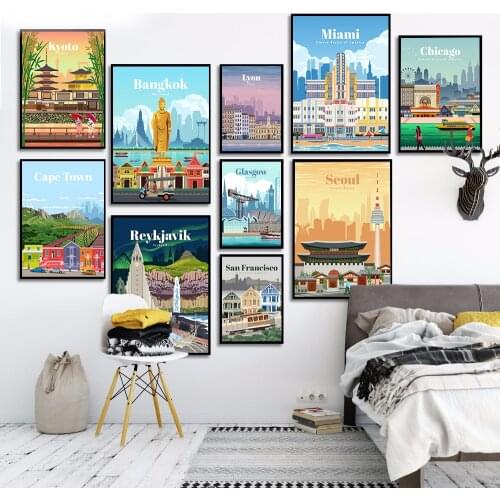Famous City Retro Travel Poster Cartoon Venice Seoul Kyoto Iceland Miami Landscape Canvas Painting Wall Art Pictures Room Decor