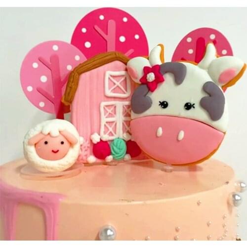 Pink Farm Animal Cake Topper Girl Farm Animal Birthday Cake Topper Mushroom Cow Cake Topper Baby Shower Decoration Favors Gift