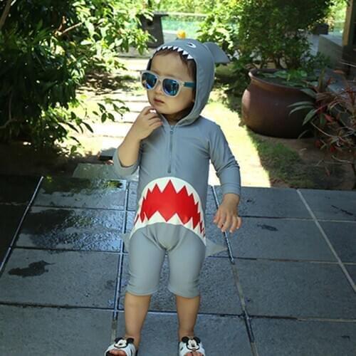 One Piece Swimsuit New Fashion Boys Girls Kids Long Sleeve Cartoon Shark Hooded Beach Children Swimwear