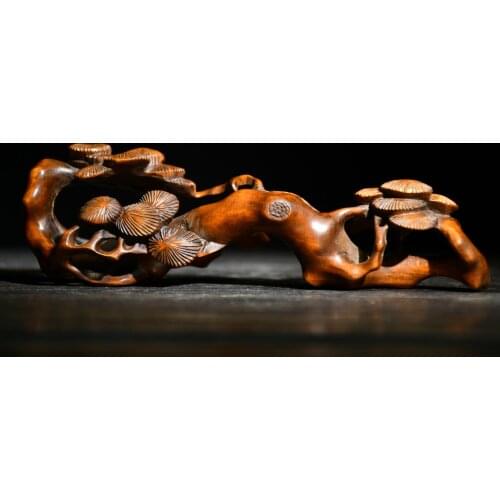 7" China Lucky Old Boxwood Handmade statue penholder Pine tree statue Office Ornaments Four Treasures of the Study Town House