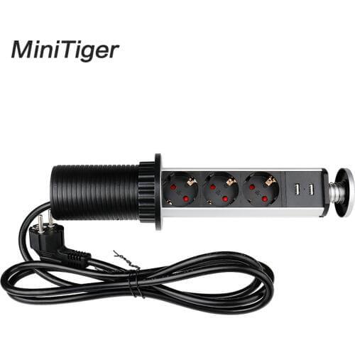 Minitiger 16A PULL POP UP 3 Power Socket 2 USB Charging Port Kitchen Table Desktop Sockets Retractable Countertops EU Plug