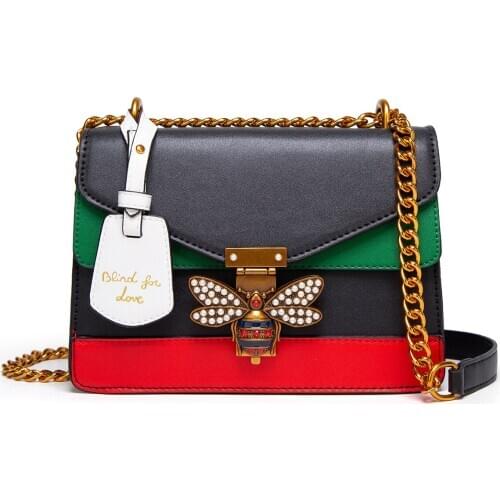 New Vintage Patchwork Color Women Square Handbag Retro Metal Pearl Bee Lock Crossbody Bag Ladies Fall Winter Shoulder Bag Bolsas