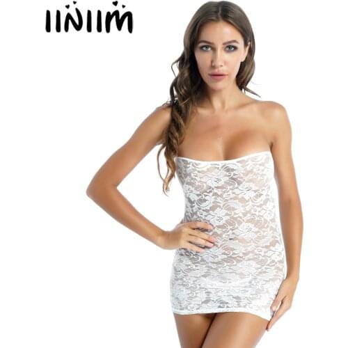 Women Sexy Dresses See-through Lace Sleeveless Strapless Mini Dress Flower Pattern Sheer Bodycon Dresses Clubwear Nightwear
