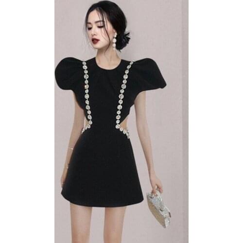 ZAWFL Patchwork Diamond Womens Dress O-Neck Puff Short Sleeve High Waist Slimming Pure Color Womens Dress 2021