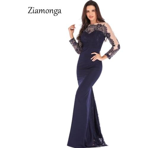 Ziamonga Elegant Lace Mermaid Evening Long Dresses 2019 Long Sleeve Lace Vestido Longo Formal Party Prom Gowns Vestido De Festa