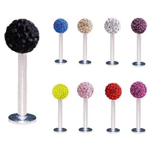 1.2x10mm Fashion Unisex Rhionestone Round Ball Lip Bar Stud Ring Stainless Steel 6g Ear Cartilage Tragus Body Piercing Jewelry