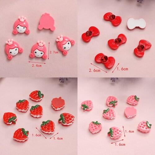 20pcs/lots Cartoon Resin Flatback Cabochon Kawaii Bows Strawberry Charms For Diy Cell Phone Case Decoration Hair Jewelry Making