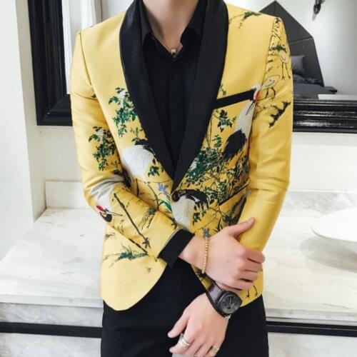 2021 Blazers For Men Spring Crown Printing Suit Jacket Men Casual Slim Club Stage Singer Blazer Men Stylish Formal Tuxedo Jacket