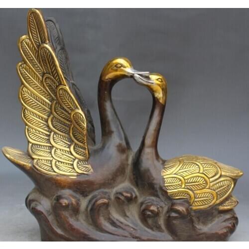 8" Chinese Copper Gilt Two sweet Love goose goosey swan cygnus Animal Statue R0709 Discount 35