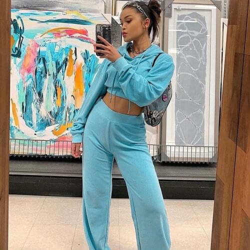 AHVIT New Style Blue Casual Fashion Women Two Piece Set Long Sleeve Hooded Crop Top And Hight Waist Solid Color Pants FLY90337
