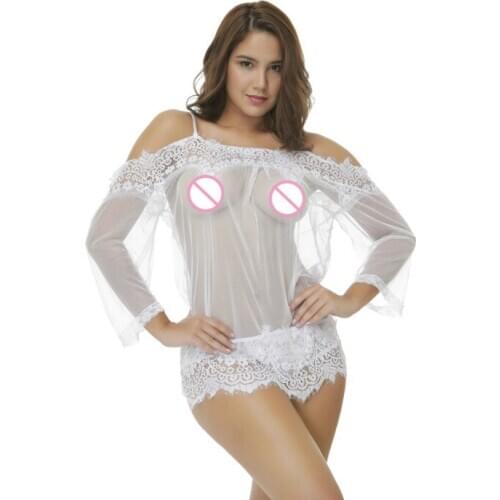 White Eyelash Lace Fabric See Through Suspender Tulle Dress Women Nightgown Sexy Lingerie Set Erotic Underwear Ladies Panties