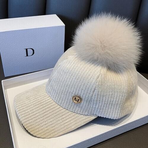 HT006 Autumn Winter Hip Hop Felt Baseball Cap Women Thick Warm Bone Snapback Hat Female Fashion Polyester Fur Pom Pom Hats